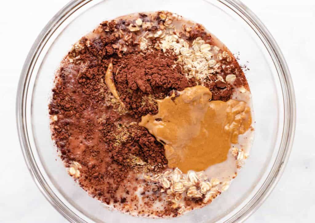 ingredients for chocolate peanut butter overnight oats in a bowl