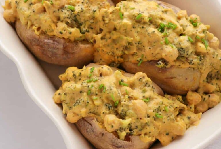 Vegan stuffed potatoes with cheese and broccoli.
