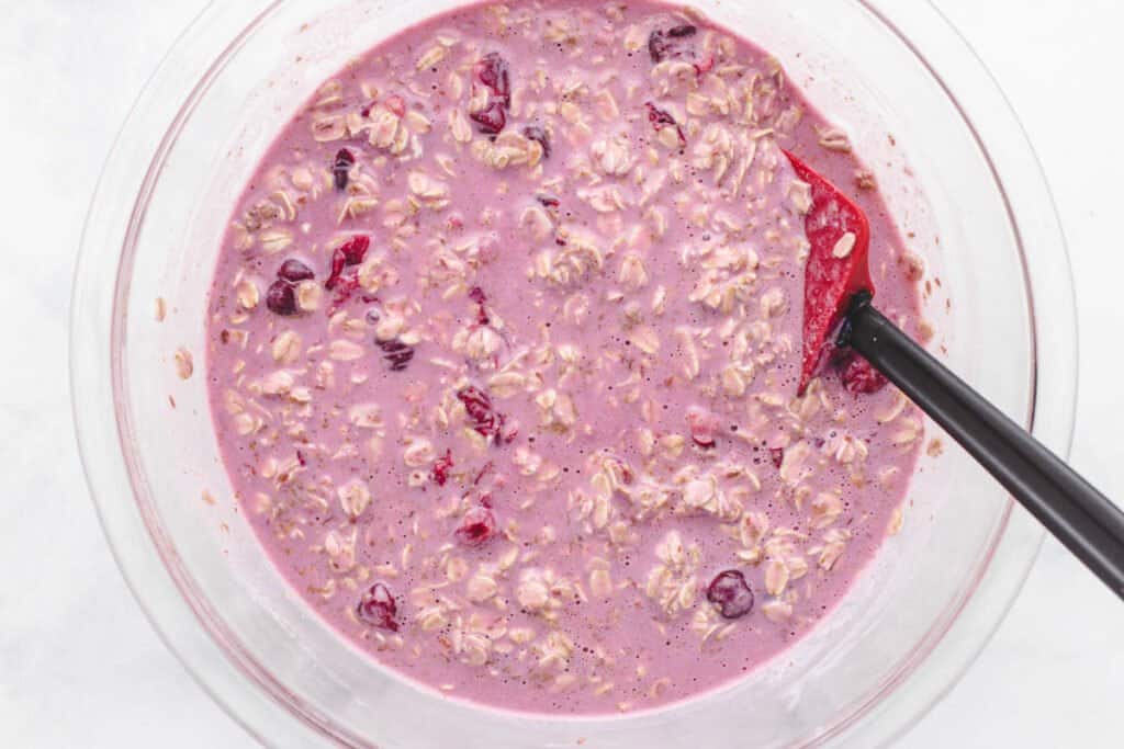 All of the ingredients for cherry oats mixed.