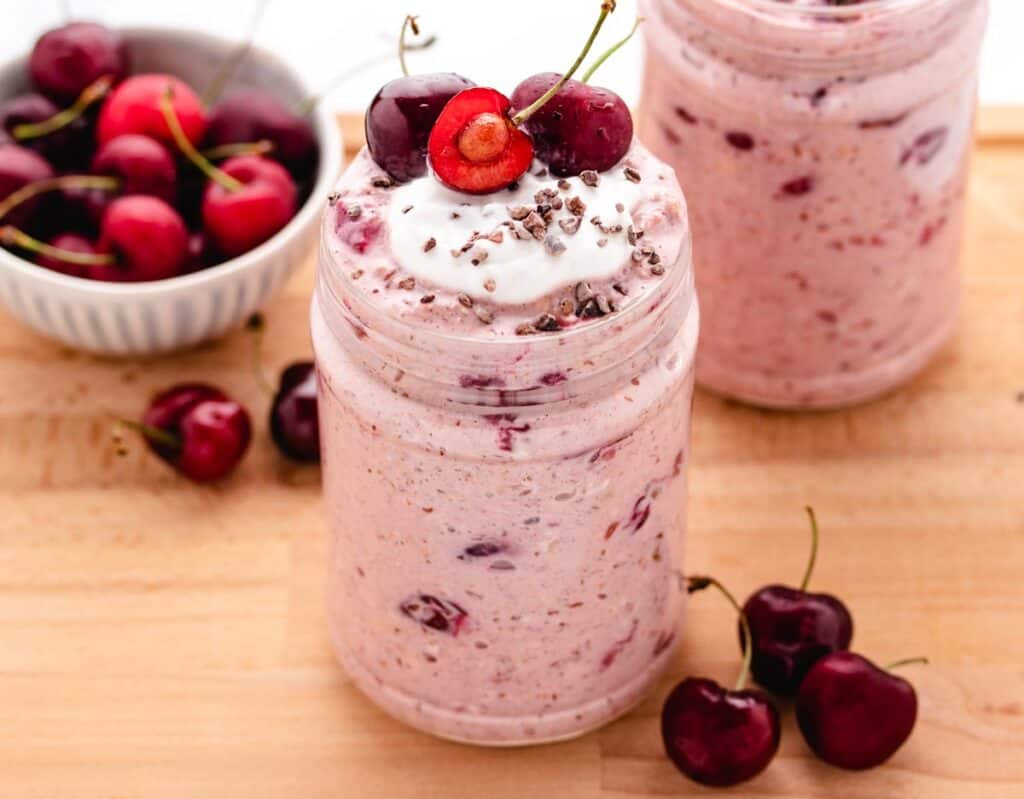 cherry overnight oats with cherries and yogurt