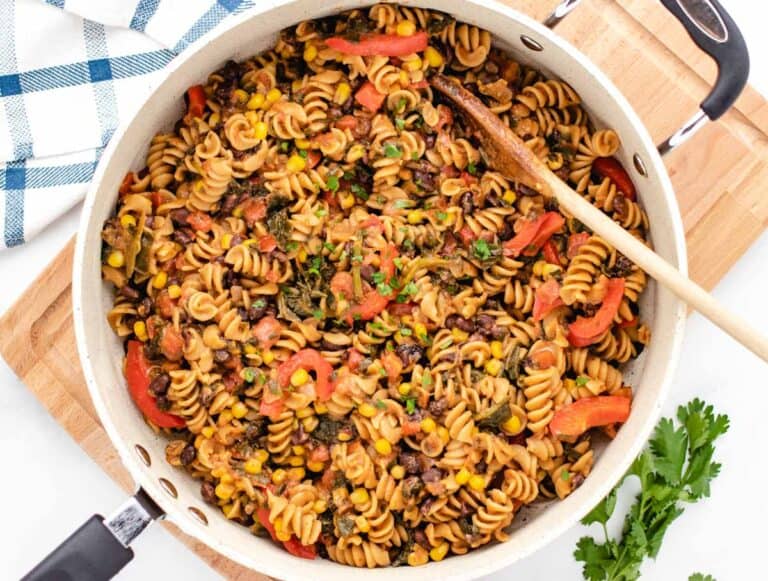 Vegan one pot past with black beans, corn, and red bell peppers.