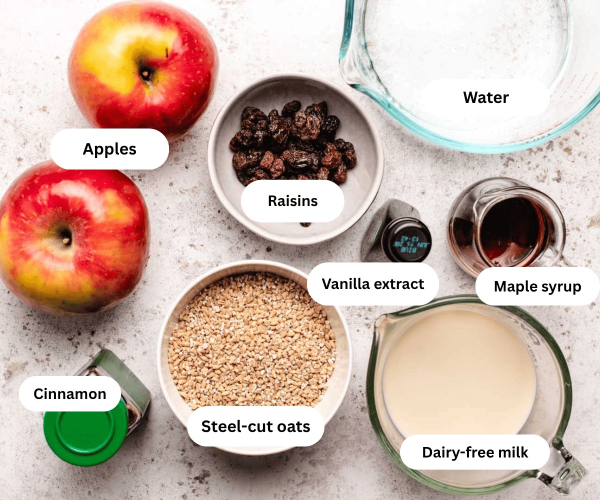 Two apples, a bowl of raisins, water, maple syrup, vanilla extract, dairy-free milk, steel cut oats, and cinnamon.