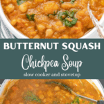 Butternut squash and chickpea soup in a bowl with spinach and a spoon.