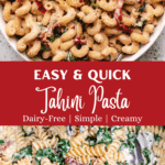 Creamy pasta tahini in a white bowl with sun-dried tomatoes and spinach.
