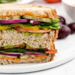 Hummus cucumber sandwich with tomato and red onion on a plate.