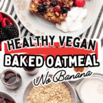 A slice of vegan baked oatmeal on a plate with berries and dairy-free yogurt.