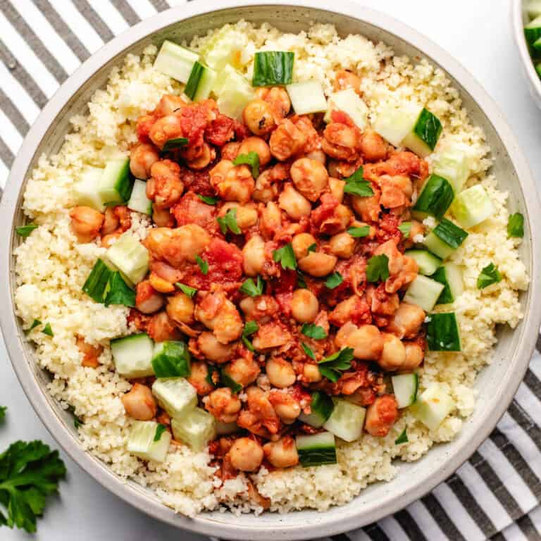 Couscous bowl with spiced chickpeas and cucumbers.