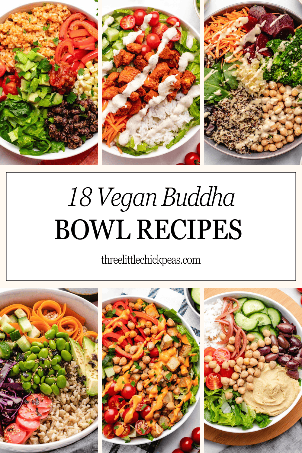 Six photos of different vegan buddha bowls.