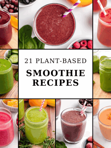 Plant-based smoothie recipes with a collage of 9 photos of vegan smoothies.