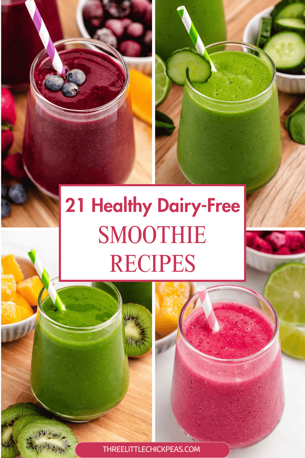 Dairy-free smoothie recipes with a collage of 4 photos of vegan smoothies.