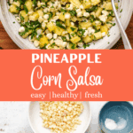 Pineapple corn salsa in a bowl with a spoon and sliced jalapeno.