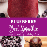 Blueberry beet smoothie in a glass and a bowl of frozen blueberries, a beet, an orange, and a bowl of frozen bananas.