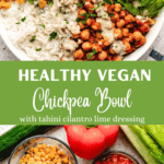 Chickpea bowl with rice, lettuce, corn, red bell peppers, and tahini dressing.