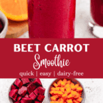 A beet carrot smoothie in a tall glass with a glass straw.