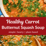 Butternut squash carrot soup with spinach in a large pot with a wooden spoon.