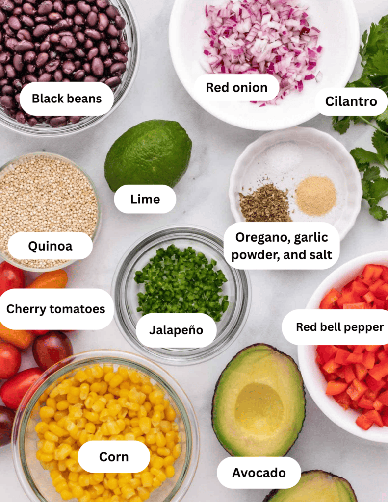 Black beans, red onion, cilantro, quinoa, jalapeno, lime, cherry tomatoes, corn, avocado, and diced red bell peppers.