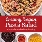 Vegan taco pasta salad with black beans and corn in a white bowl.
