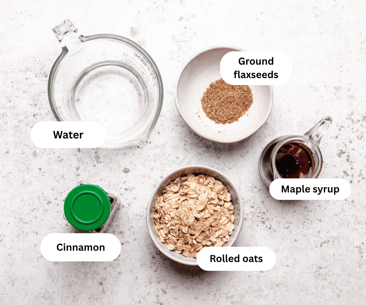 Water, ground flaxseeds, cinnamon, rolled oats, and maple syrup.