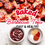 BBQ tofu on a baking sheet with parchment paper and a photo of barbecue sauce, spices, tofu, and soy sauce.