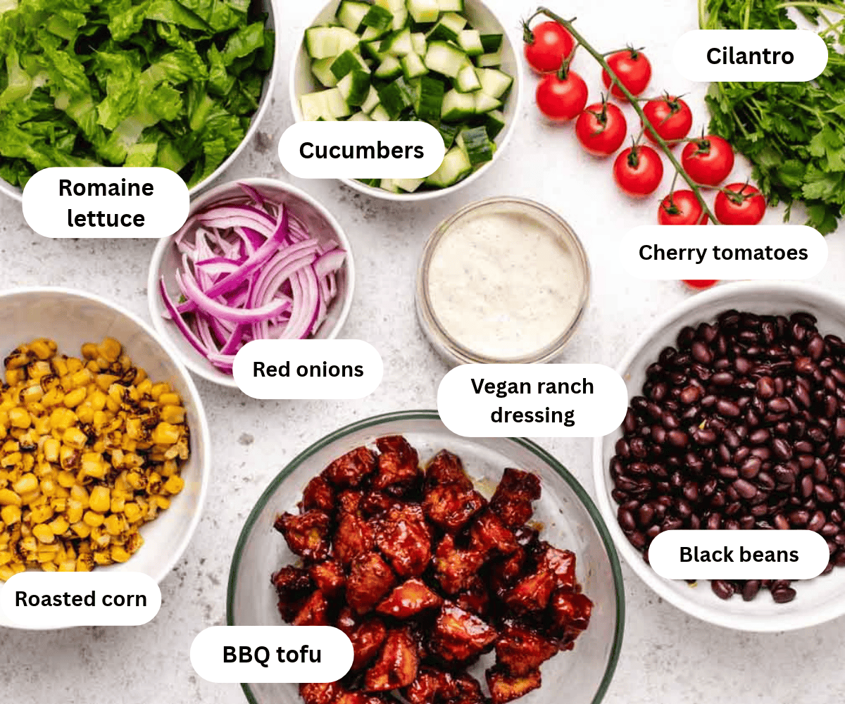 A bowl of lettuce, cucumbers, red onion, corn, BBQ tofu, black beans, cashew ranch dressing, cherry tomatoes, and fresh cilantro.