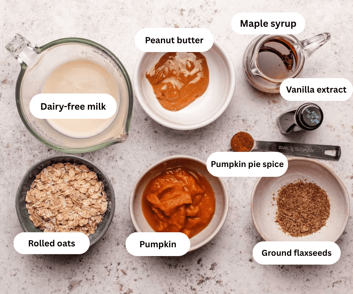 A bowl of dairy-free milk, peanut butter, maple syrup, vanilla extract, pumpkin pie spice, ground flaxseeds, pumpkin puree, and rolled oats.